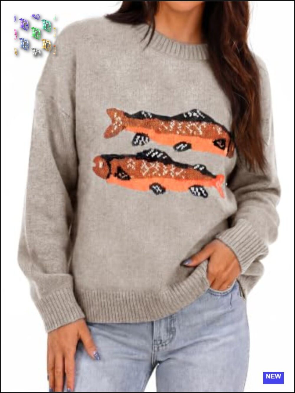 Women's Fish Graphic Sweater Long Sleeve Crew Neck Pullover Ribbed Knit Loose